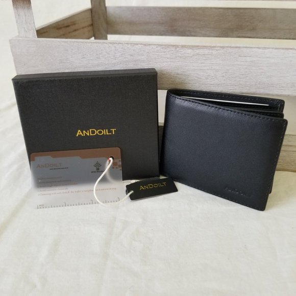 NWT! ANDOILT Black Leather Bifold Slim Wallet w/RFID Blocking and Storage Pouch - Picture 2 of 11